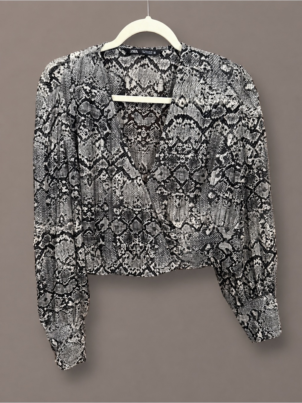 Zara Black & White Snake-Print Wrap Blouse